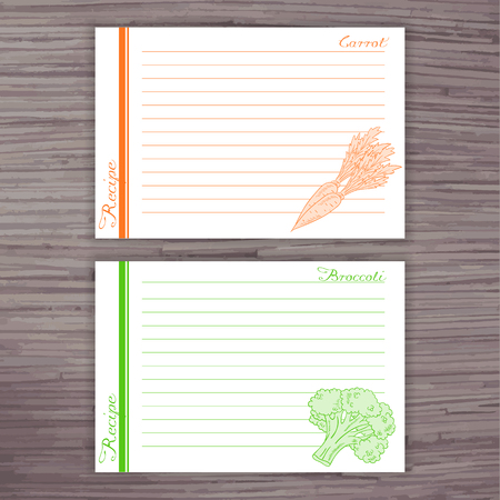 vector lined recipe card with vegetables on wooden background.  Carrot, broccoli.のイラスト素材