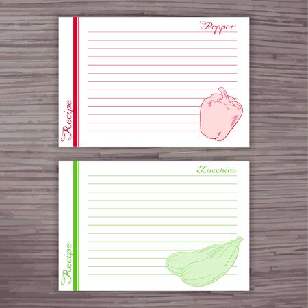 vector lined recipe card with vegetables on wooden background. Pepper, zucchini.のイラスト素材