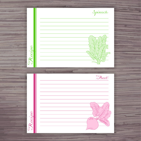 vector lined recipe card with vegetables on wooden background. Spinach, beet.のイラスト素材