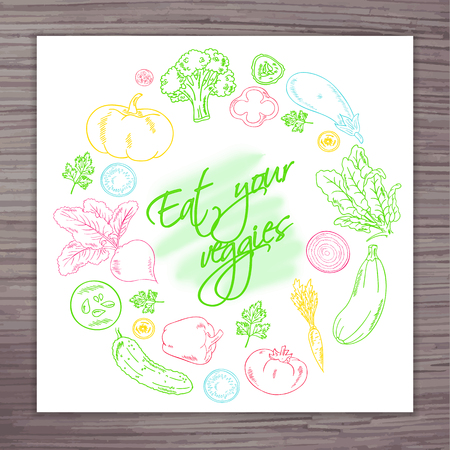 vector hand drawn poster with vegetables circle and label - eat your veggies.のイラスト素材