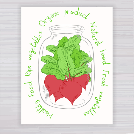 vector hand drawn poster with jar full of beet with text on wooden backdrop.のイラスト素材