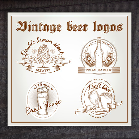 vector hand drawn vintage set of beer logo on wooden desk.のイラスト素材
