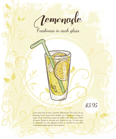 vector hand drawn illustration of drinks menu pages with cup of lemonade.のイラスト素材