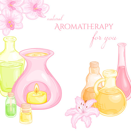 vector illustration of oil burner with orhid and lily flovers, and set of essential oils.のイラスト素材