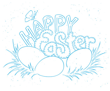 vector hand drawn easter lettering greeting quote with eggs on grass.のイラスト素材