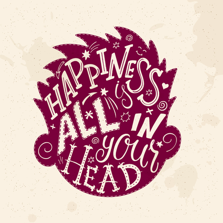 vector illustration of hand lettering inspiring quote - happiness is all in your head. All the letters are in head shape silhouette.のイラスト素材