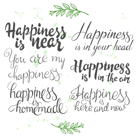 vector illustration with set of hand lettering inspiration quotes about happiness. Happy badge, print, logo, emblem.のイラスト素材