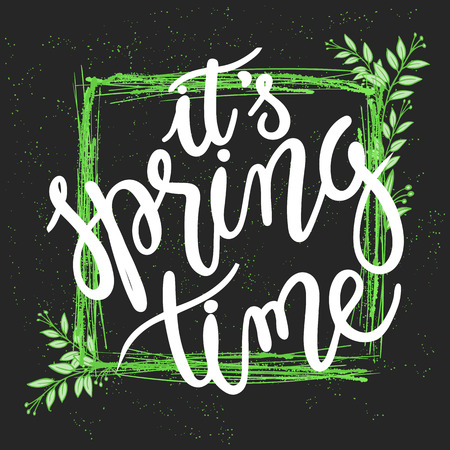 vector hand drawn spring lettering quote. Squared green frame with branches and text - it is spring time.のイラスト素材