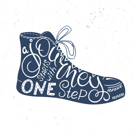 vector hand drawn lettering quote - a journey starts with one step. This phrase fit into shoe silhouette.のイラスト素材