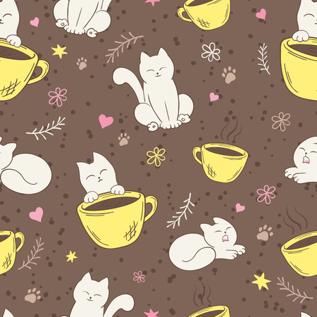 vector seamless pattern with cute fluffy cat, cup, heart, flower and branch.のイラスト素材