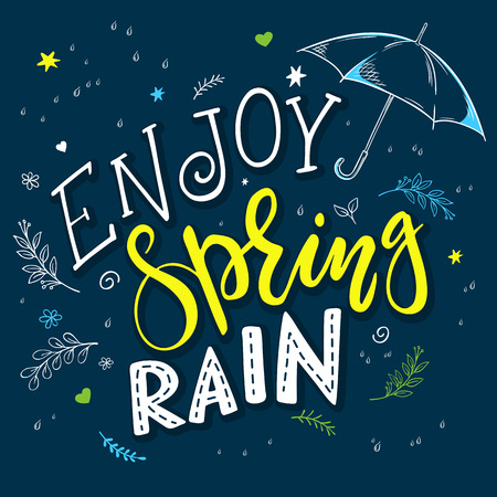 vector hand drawn lettering quote - enjoy spring rain. With decorative branches, flowers drops and open umbrella.のイラスト素材