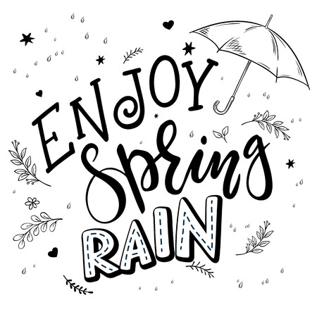 vector hand drawn lettering quote - enjoy spring rain. With decorative branches, flowers drops and open umbrella.のイラスト素材