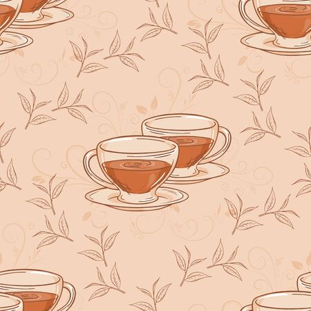 vector hand drawn seamless pattern with cup of tea and branches.のイラスト素材