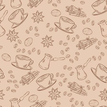 vector seamless aroma coffee pattern with cup, beans and spices.のイラスト素材