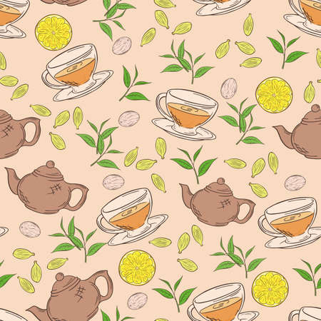 vector hand drawn seamless pattern with coloured cup of tea, teapot, leaf and lemon.のイラスト素材
