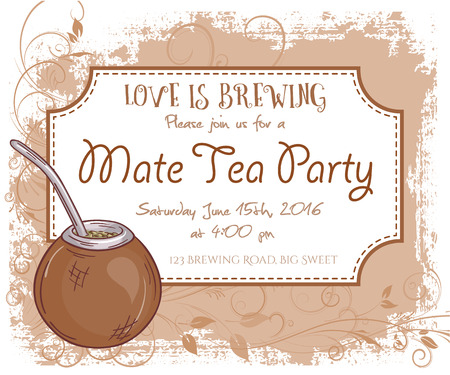 vector hand drawn mate tea party invitation card, vintage frame, glass and leaves.のイラスト素材