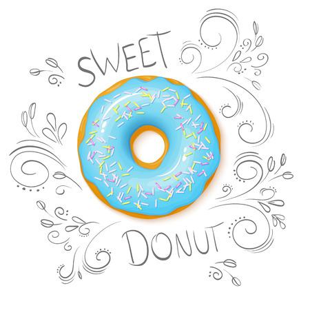vector illustration of realistic isolated sweet donut on top view with hand drawn curly leaves and branches.のイラスト素材