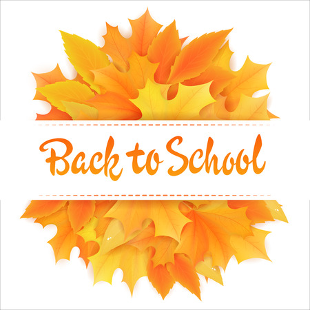 hand drawn back to school lettering with realistic autumn leaves and greetings label. Can be used as card or poster.のイラスト素材