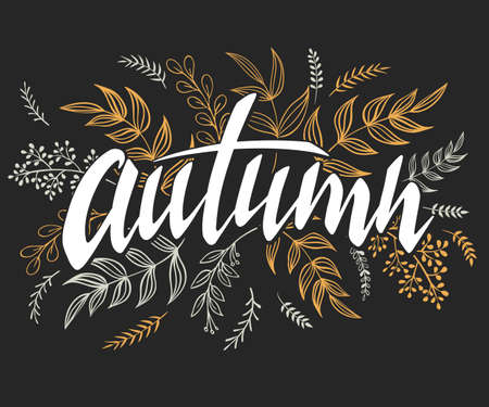 illustration of hand lettering label - autumn - with doodle brunches and leaves.のイラスト素材