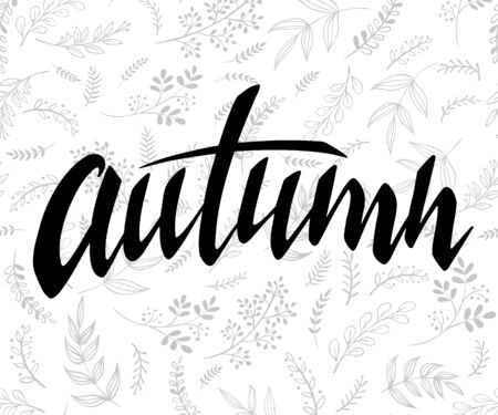 illustration of hand lettering label - autumn - with doodle brunches and leaves.のイラスト素材
