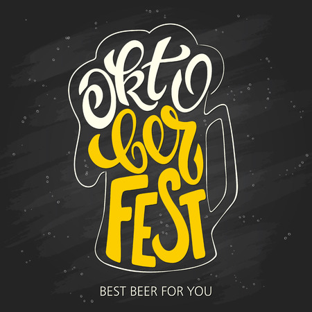 hand lettering oktoberfest label in beer mug shape is surrounded with bubbles.のイラスト素材