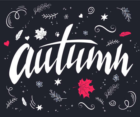vector hand drawn autumn lettering with branches, swirls, flowers, leafs and greetings label. Can be used as a card or poster.のイラスト素材