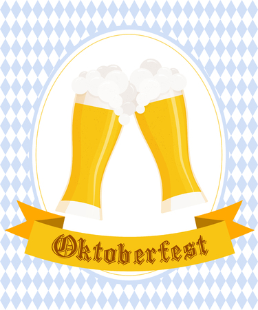 Vector illustration of hand drawn oktoberfest poster with two flat beer mugs on rhombic oktoberfest background.のイラスト素材