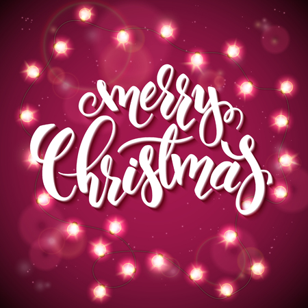 Vector hand drawn lettering - merry christmas - with shining garland bulbs.のイラスト素材