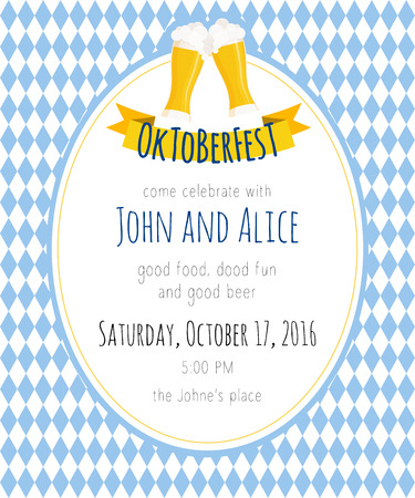 Vector detailed flat illustration of oktoberfest party invitation with two beer mugs on rhombic oktoberfest background.のイラスト素材