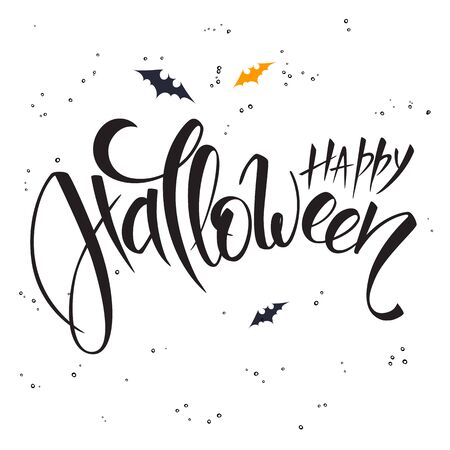 vector hand lettering halloween greetings text - happy halloween with bat.のイラスト素材