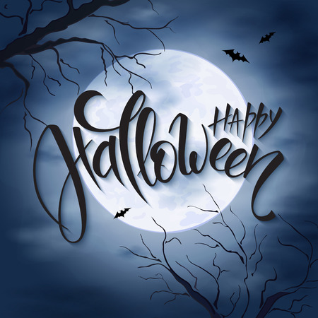 vector halloween poster with hand lettering greetings label - happy halloween - on night sky with full moon and clouds on the background with flying bats and dark trees.のイラスト素材