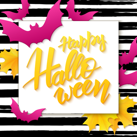 vector hand drawn halloween lettering greetings text - happy halloween - with leaves and pink paper bat on watercolor striped background.のイラスト素材