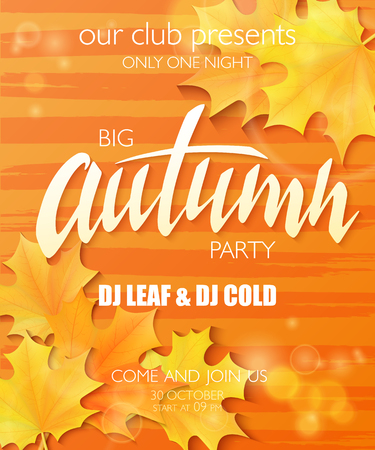 vector hand drawn autumn party poster with lettering label, leaves and shiny and luminous flares on watercolor stripped background.のイラスト素材
