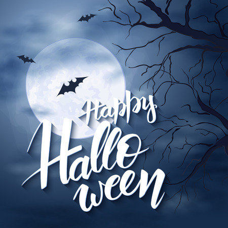 vector halloween poster with hand lettering greetings label - happy halloween - on night sky with full moon and clouds on the background with flying bats and dark trees.のイラスト素材