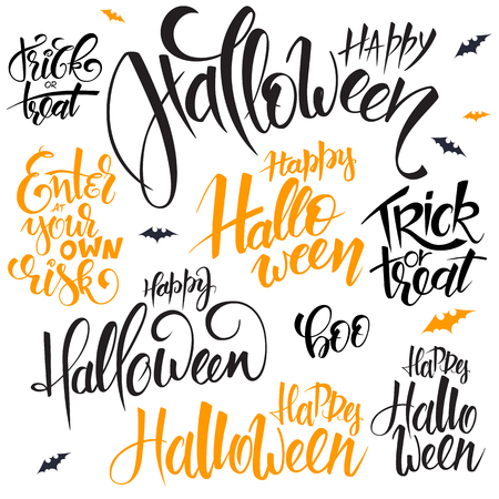 vector set of hand lettering halloween quotes - happy halloween, trick or treat and others, written in various styles.のイラスト素材