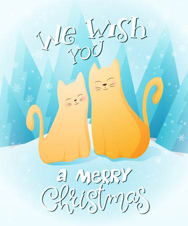 vector illustration of couple flat ginger cats with greeting lettering phrase - we wish you a merry christmas - with fir-trees and snowflakes. Design for greeting card or poster.のイラスト素材