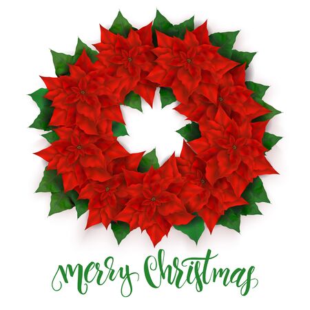 vector illustration of realistic isolated poinsettia wreath with christmas lettering.のイラスト素材