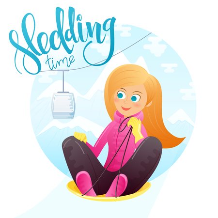 vector detailed flat ginger sledding girl on mountains background.のイラスト素材