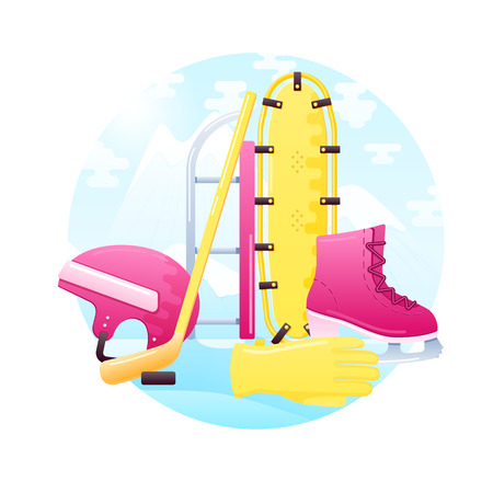 vector set of detailed flat winter activity equipment. Contains snowshoes, sled, skates, helmet, hockey stick, washer and gloves.のイラスト素材