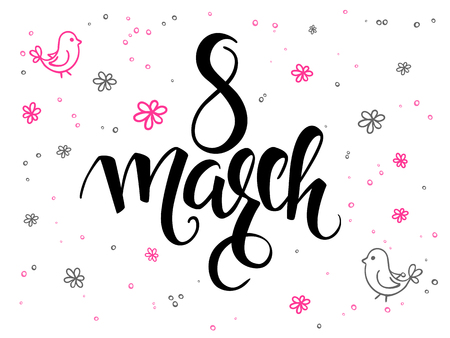 vector hand lettering greetings text - 8 march with doodle flowers and bubblesのイラスト素材