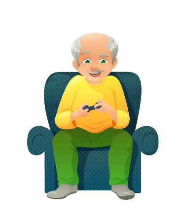 Illustration of old active man with mustache, who is sitting on chair and gaming console.のイラスト素材