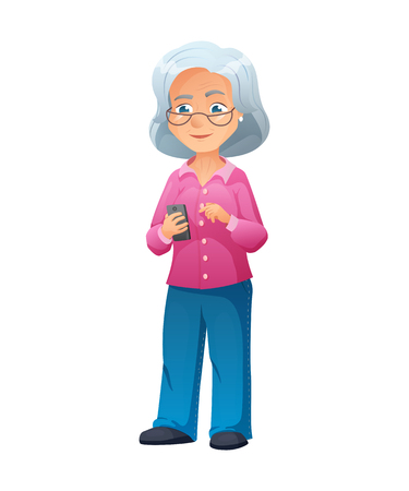Illustration of an old active lady with glasses, who is dressed in jeans and shirt. She is standing and surfing the internet on a smartphone.のイラスト素材