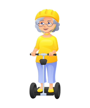 vector illustration of an old active lady with glasses and protect helm, who is dressed in tunic and breeches. She is riding on self-balancing scooter.のイラスト素材