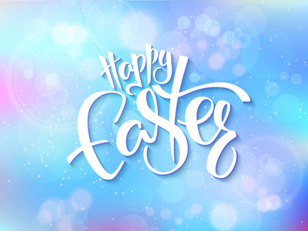 vector illustration of easter greetings card with lettering - happy easter on a blur shining circles backgroundのイラスト素材