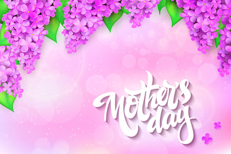 A vector illustration of hand lettering - happy mothers day with blooming lilac branches on blur background.のイラスト素材