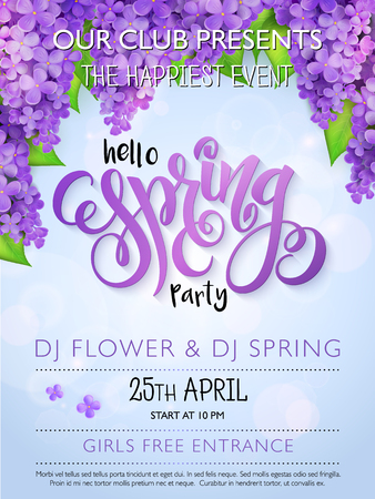 Vector spring party poster with lettering and lilac flowersのイラスト素材