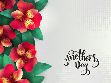 Mothers day lettering with blooming alstroemeria flowers and hand lettering phrase - happy mothers day frame on halftone backgroundのイラスト素材