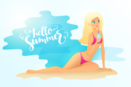 vector illustration of detailed flat blonde girl holding a cocktail. She is lying on a beach. Poster with lettering - hello summerのイラスト素材