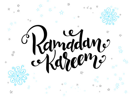 vector hand lettering greetings ramadan kareem text with doodle flowers and starsのイラスト素材