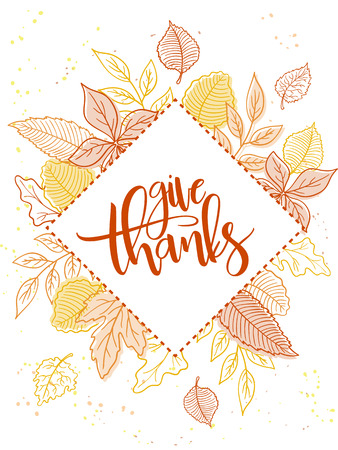 Vector thanksgiving greeting card with hand lettering label - give thanks - and autumn doodle leavesのイラスト素材